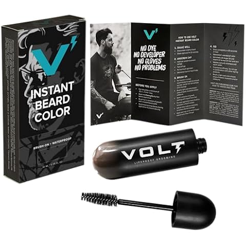 VOLT Grooming Instant Beard Color Single Pack - Smudge and Water Resistant Quick Drying Brush on Color for Beards, Mustaches, and Eyebrows - 0.35 Fl Oz (10 ml), Ebony (Brown/Black) Cover