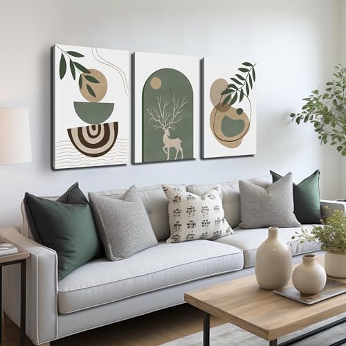 Boho Sun Canvas Wall Art Set of 3, Neutral Abstract Minimalismt Bohemian Geometric & Botanical Plants Pictures Prints Artwork Paintings Wall Decor for Bedroom Living Room Home Decoration 16x24 inches