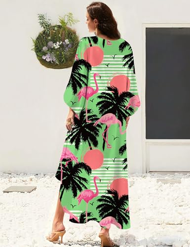 MAKABO Caftan Maxi Dress Hawaii Green Flamingo Cover Up V Neck Beachwear Luau Swimsuit Plus Size4