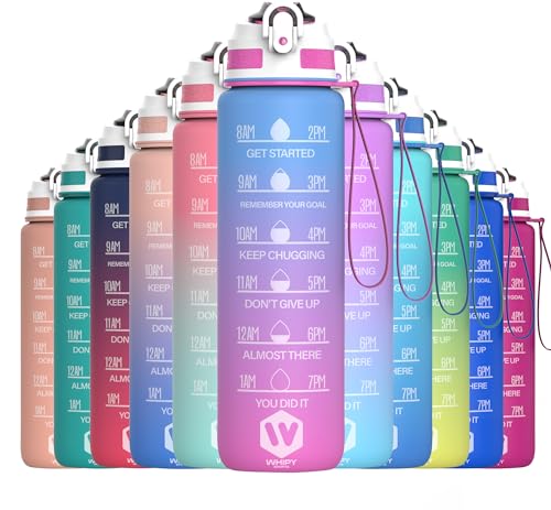 WHIPY 1L Water Bottle with Straw - Leak-Proof & BPA Free Reusable Sports Bottle - Motivational Time Markings for Hydration Durable Drink Bottle for Gym, Sports, Outdoor, Cycling (Blue & Purple)