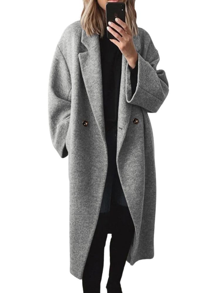 Women's Winter Double Breasted Wool Coat Long Sleeve Notch Lapel Long Trench Coat