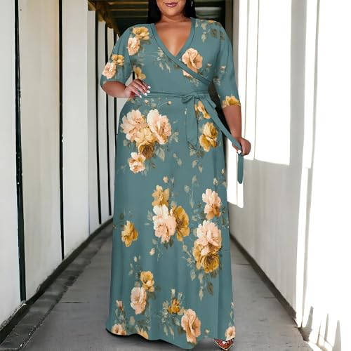 Image of SUZONANA Plus Size Maxi Dresses for Curcy Women Casual Loose 3 /4 Sleeve Long Dress with Belt