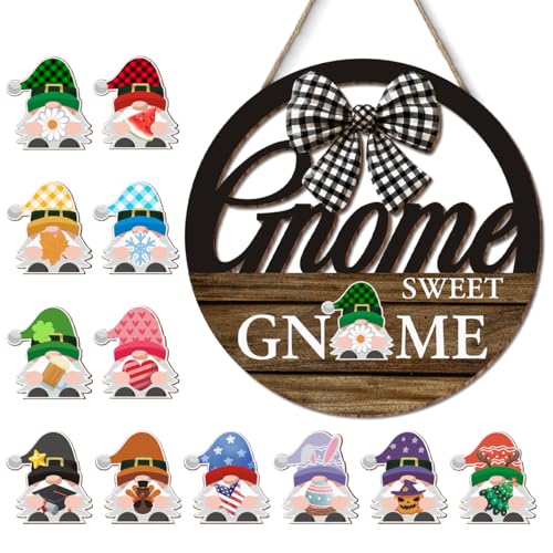 Interchangeable Spring Seasonal Welcome Gnome Hanging Sign - Farmhouse Front Door Decoration for Holidays - Rustic Round Wood Wreaths with 12 Icons - 11.8x11.8 Inches