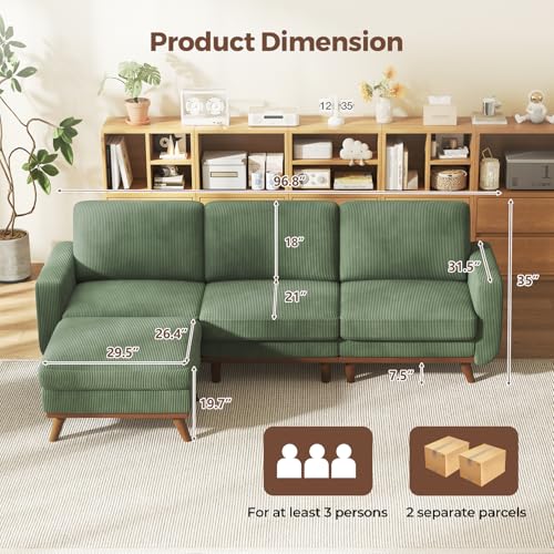Image of Vesgantti 97 inch L-Shape Modular Sofa, 3-Seat Corduroy Couch with Movable Ottoman, Sectional Sofa for Living Room, Green