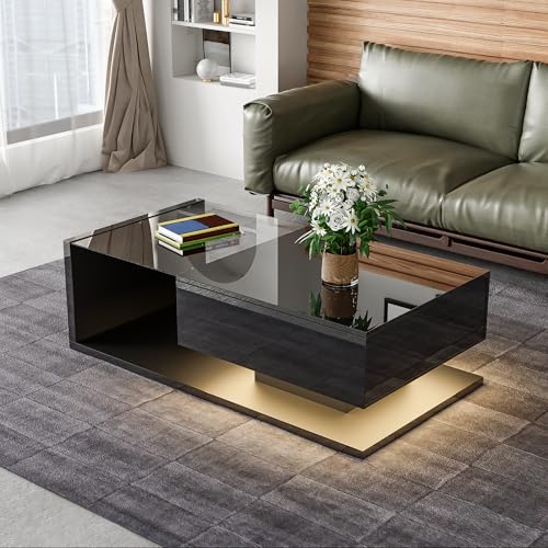 Calivra Table basse avec éclairage LED 105x55 cm Noir brillant - Table de salon moderne avec plateau en verre, compartiment de rangement et lumière LED RGB,...