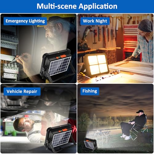 MASMEJOR 100W LED Baustrahler Akku mit Solar 10000LM Tragbare Arbeitsleuchte, 12000mAh LED Strahler Akku, 4 Lichtmodi, Campinglampe Tragbar Ideal für Camping, Arbeit, Angeln, Garage