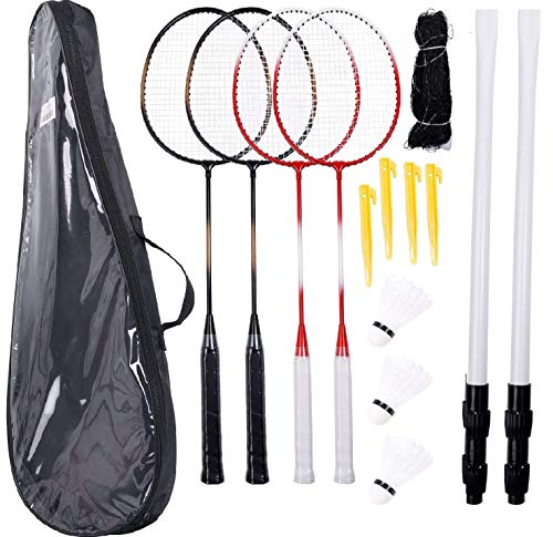 ZZICEN Badminton Rackets of 4 - Badminton Sets for Backyards Badminton Racket Set with Badminton Net Birdies,Tennis Rackets for Children Kids Indoor Outdoor Sport Adult Family Yard Games 2 Pair