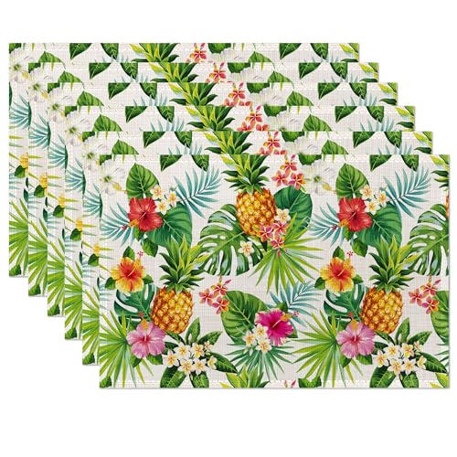 Ciaidu LYRCAD-439 Pineapple Placemats Set Of 6,Summer Hawaiian Tropical Fruit Palm Leave Flower Table Mats Non-Slip Heat Resistant Washable Placemat cover