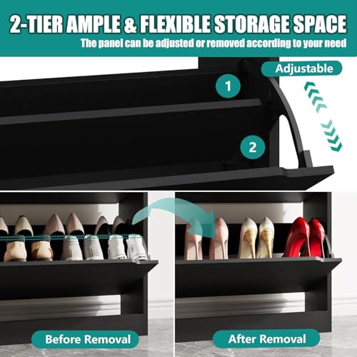 Image of Xixini Shoe Storage Cabinet for Entryway with 2 Flip Drawers, Wood Freestanding Hidden Shoe Storage, Sturdy Narrow Slim Shoe Organizer for Front Door Entrance, Living Room, Hallway, Bedroom, Black