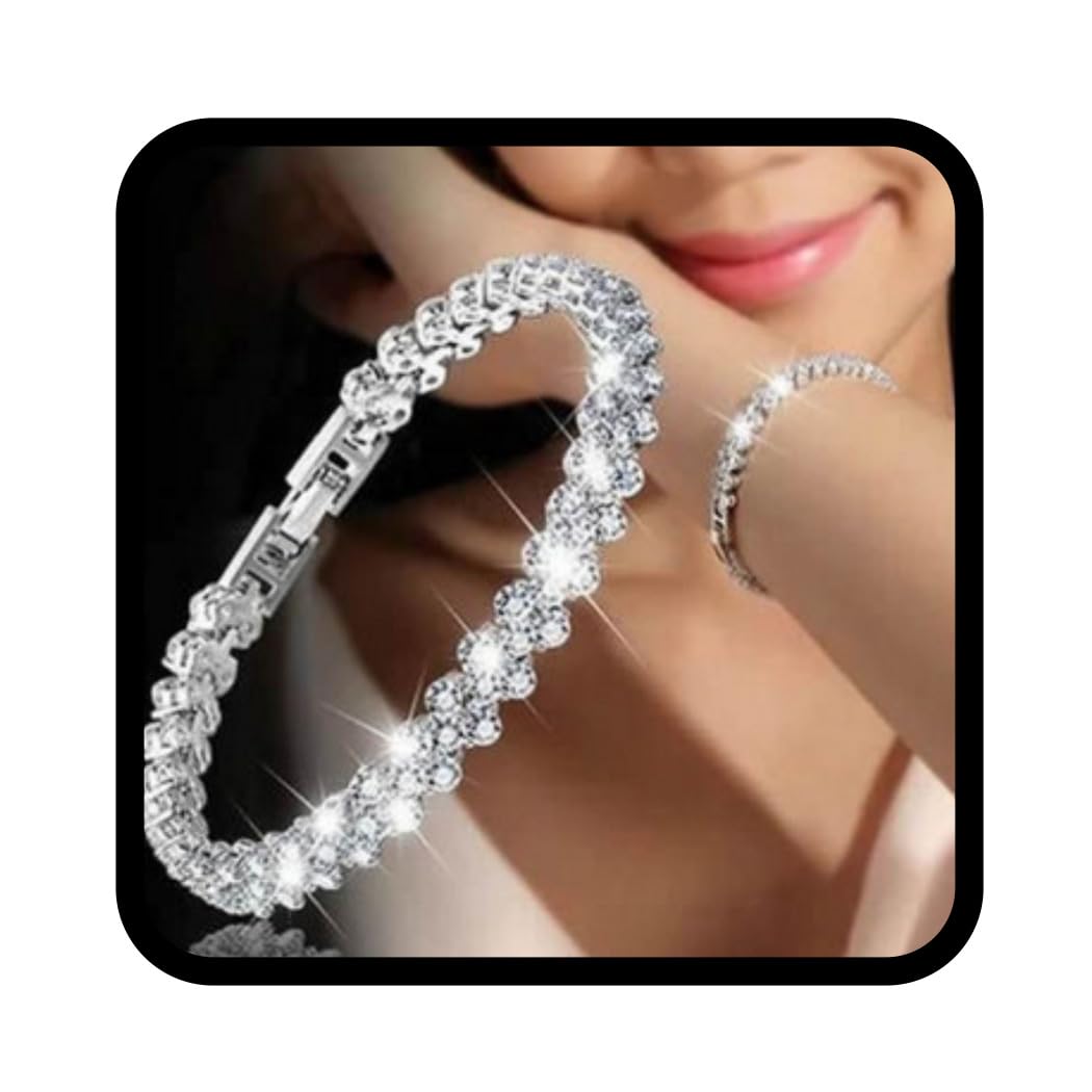 Relandy Pulsera de cristal de plata con diamantes de imitación, pulsera de boda, pulsera de novia, joyería para mujeres y niñas