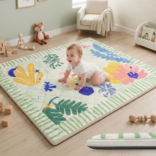 Image of 1.6 inch Thick Baby Play Mat, 50x50 Removable & Machine Washable Cover | Padded Memory Foam, Non-Slip Backing, 100% Baby-Safe Materials, Tummy Time Crawling, Outdoor, Bedroom, Living Room, Nursery