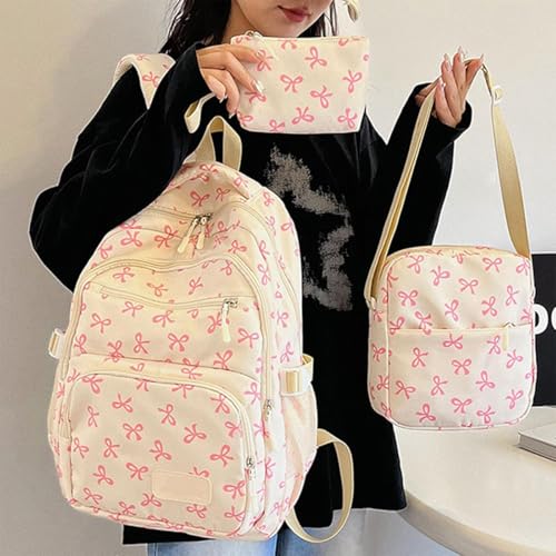 Bow Backpack for Girls, Aesthetic Daypack Nylon Rucksack Bags, Cute Kawaii Backpack with Bows 3Pcs Set (Pink)2