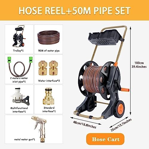 Outdoor Portable Hose Cart with Wheels - Movable Garden Hose Reel for Easy Watering & Car Washing - Black, Includes 50m Hose Storage Rack