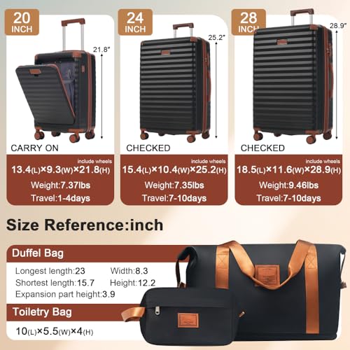 Luggage Sets 5 Piece with Front Opening, Hardside Expandable Carry on Suitcase with Spinner Wheels TSA Lock USB Port Cup Holder (Black Brown + ABS)2