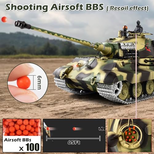 Image of 1 /16 RC Tank, Heng Long German King Tiger model Army Toy with Smoke, Sound, Light, 2.4G Remote Control Tank That Shoot with Upgraded Metal Track, Idler and Sprocket Wheel, Steel Gearbox, Two Batteries