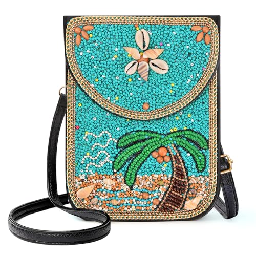 Image of Small Beaded Crossbody Bag for Women, Boho Cell Phone Shoulder Purse Wallet with Handcrafted Colorful Beads