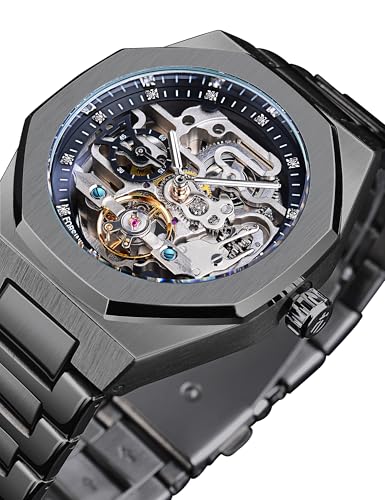 Image of FORSINING Vintage Watch for Men Engraved Automatic Self-Wind Mechanical Big Dial Luminous Moon Phase Golden Hollow Tattoo Pattern Wrist Watches, Mechanical