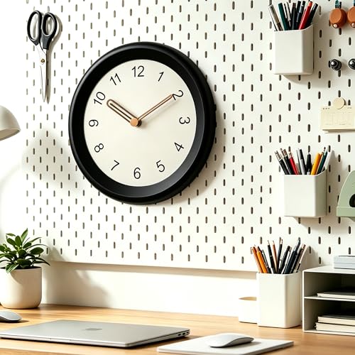 Image of Mosewa 10 Inch Black Wall Clock Silent Non-Ticking Quartz Battery Operated Analog Clock with Wood Hands, Easy to Read Minimalist Round Clock for Kitchen Living Room Bedroom Office
