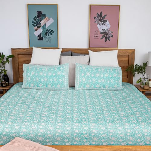 Image of ShamaGreen Premium Hand Block Printed Bedsheet | Bed Sheet Flatsheet | Pure Cotton | Double Bed King Size 108 inchx108 inch | 300 TC Bedsheets | Includes 2 Pillow Covers | Floral Spread