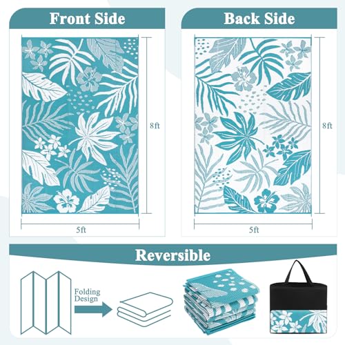 Pauwer Waterproof Outdoor Rug 5x8, Reversible Plastic Straw Patio Camping Rug, Indoor Outdoor RV Mat Carpet for Deck, Camper, Porch, Balcony, Backyard, Picnic, Floral Teal