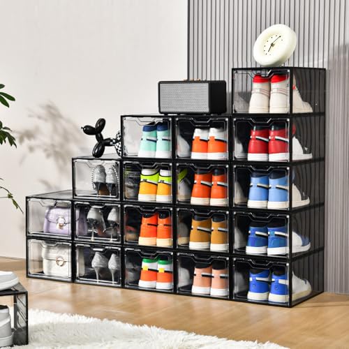 Image of Stebopum 12 Pack Stackable Shoe Storage Organizer with Magnetic Door, Shoe Boxes Clear Black Plastic for Closet, Shoe Rack for Sneaker Boot Container, Shoe Cabinet Fit up to US Size 12