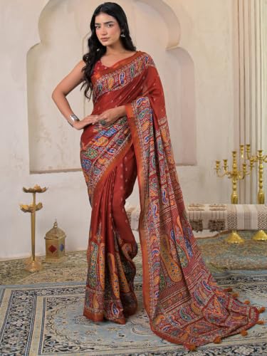 Image of SIRIL Women's Printed Silk Saree with Zari Border & Tassels