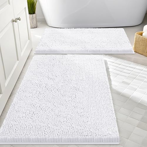 Image of Smiry Bathroom Rugs Sets 2 Piece, Soft Absorbent Chenille Machine Washable Non Slip Shaggy Bath Rug Set for Tub, Shower, and Floor (30x20+24x16, White)