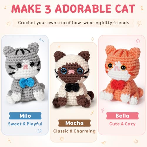Image of Fortuning's JDS Crochet Kit for Beginners, 3 Cat Crochet Animal Kit Starter | w / Step-by-Step Video Tutorials, Beginner Crochet Kit for Adults, Bow-Wearing Cat Crochet Set, Crochet Gifts for Cat Lovers