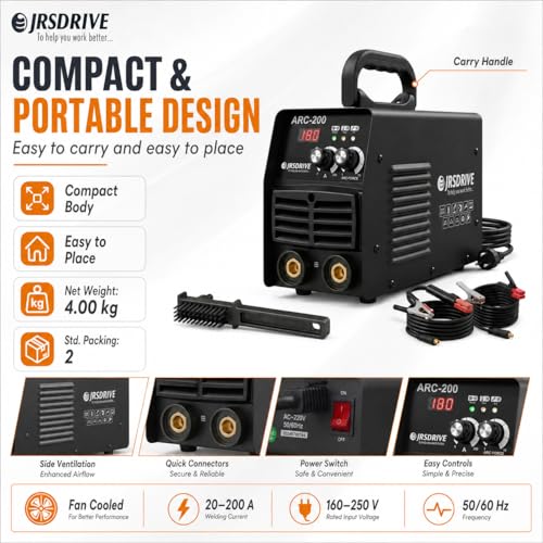 Image of Eastman EAWSI-200 Arc Welding Machine | 200A Inverter Welder with Advanced IGBT Technology | Lightweight 4kg Fan-Cooled Welder Set with Cables, Mask & Brush