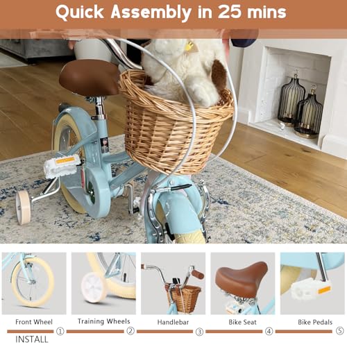 Image of Glerc Little Molly 12-20 Inch Kids Retro Cruiser Bike for 2-13 Year Old with Wicker Basket & Training Wheels /Kickstand, Multiple Colors
