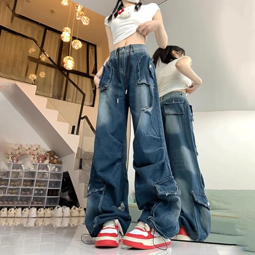 Y2K Gothic Grunge Casual High Waist Straight Wide Leg Vintage Ripped Distressed Drawstring Pleated Cargo Jeans4
