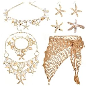 5 pièces Merrjungfrau Kostüm Dames, Sirènes Costume Mermaid Accessoires Accessoires Set avec Sarong Crochet Coquille Chaîne Bouchon Bracelet Boucles D'oreilles pour Faschingskostüme Carnaval Cosplay