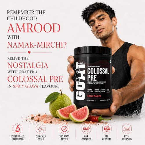Image of Colossal Pre | PreWorkout Powder (Spicy Guava 180gm 15 Servings) 200mg Caffeine 3.5g Beta-Alanine 3g Citrulline 1.5g Arginine 1g Creatine with Himalayan Pink Salt