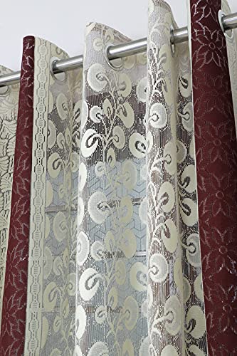Image of Exporthub 2 Pieces Fancy Sparkling Cream Flowers Brown Stripe Heavy Quality Sheer Strip Semi-Transparent Net Curtains - Size - Door - 4 x 7 feet (EHSPR776 74)