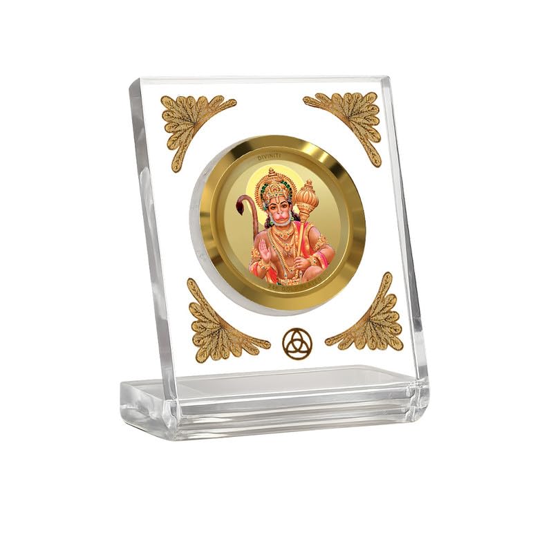 Image of DIVINITI 24K Gold Plated Lord Hanuman With Blessings Acrylic Frame for Car Dashboard, Home Temple & Office Table | Premium Spiritual Gift, Blessings for Protection & Positivity, 8x7 cm