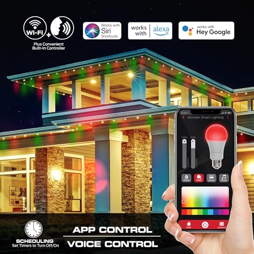 Image of Monster Smart Permanent Outdoor Lights, 100ft, 72 LED Eaves Lights, RGB+IC+WW, Weather & Water Resistant, App & Voice Control, Compatible with Alexa and Google, for Patios, Gardens & Year-Round Use