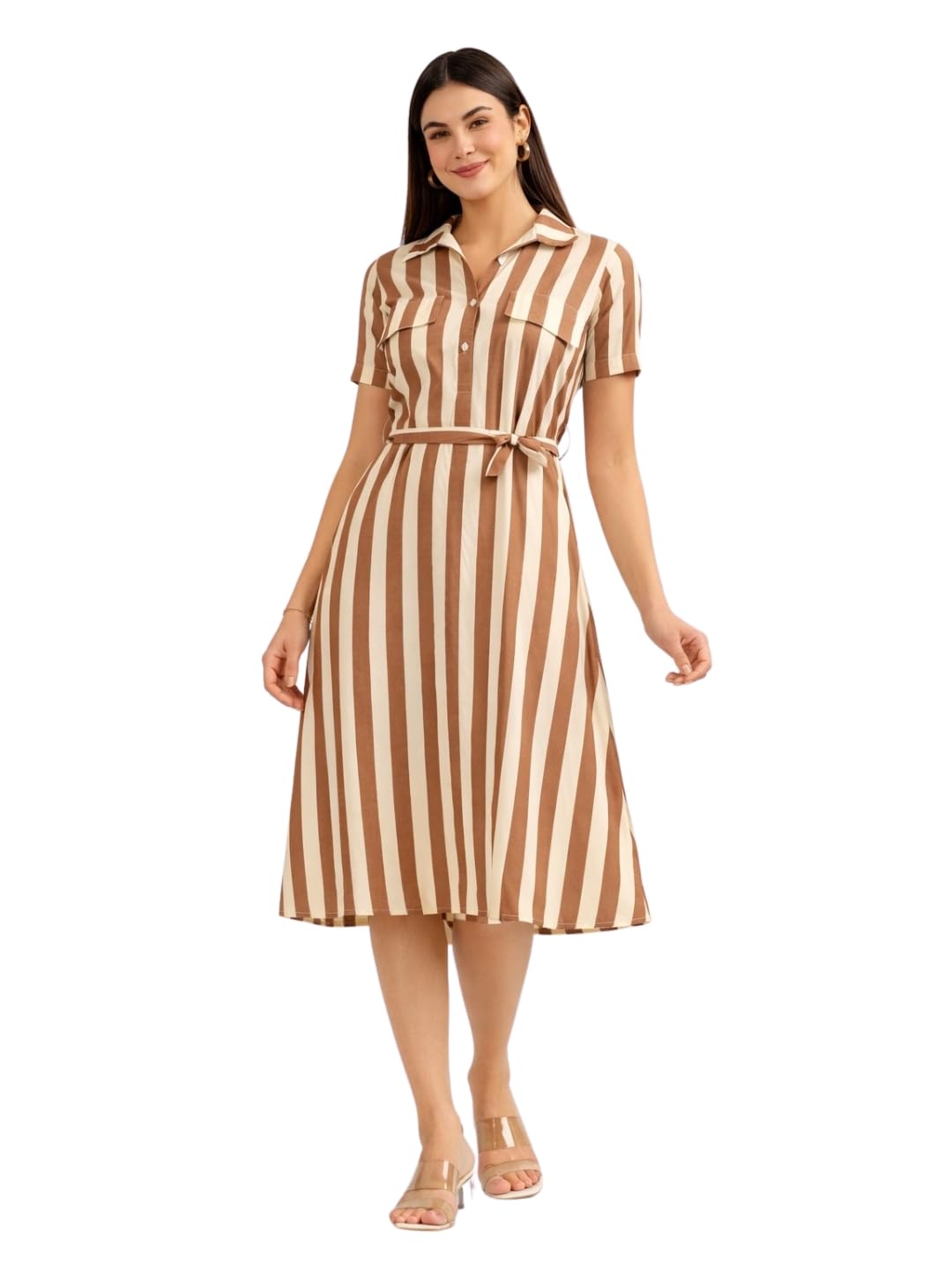 Women’s Eco-Friendly Cotton Shirt Dress | Brown & White Striped Midi Dress with Belt | Breathable Sustainable Casual Wear-picture-43