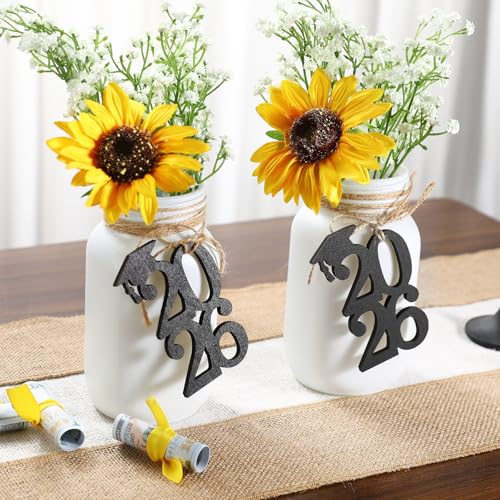 Graduation Decorations Class of 2026 2PCS Glass Mason Jars with 2026 Wooden Tag Party and Tabletop Decorative Vases for College High School Congrats Grad Supplies