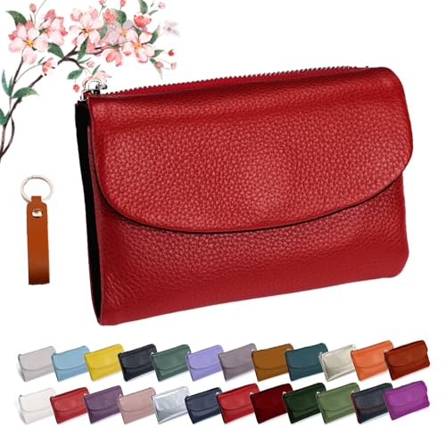 Unisex Pebble Leather Wallet, Soft Pebble Leather Wallets for Women, Short Genuine Leather Purse for Coins and Cards, Small Compact Bifold Pocket Purse Multicolor for Men & Women (Red with Black)