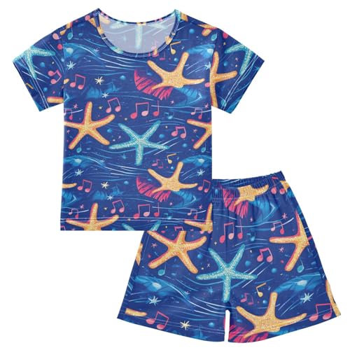 ALAZA Starfishes Musical Note Pajama Set Short Sleeve Sleepwear Soft Lounge Nightwear
