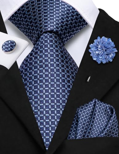Image of Hi-Tie Men's Tie Lapel Pin Set Pocket Square Cufflinks Formal Woven Silk Tie Sets Wedding Party