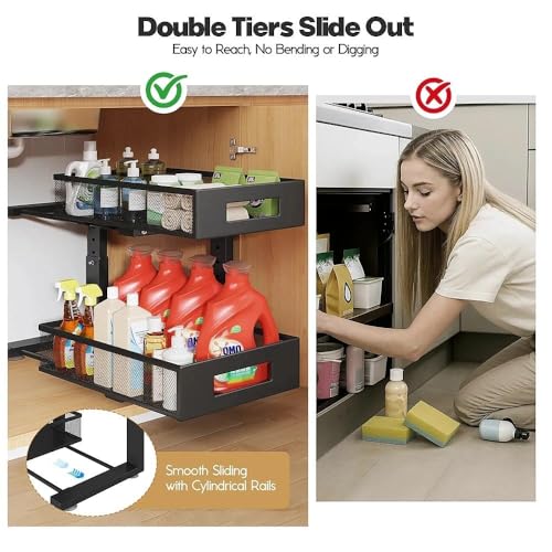 Image of Under Sink Organizer, 2-Tier Dual Pull Out Cabinet Organizer Drawers With Smooth Circular Rail, Large Capacity Metal Mesh Sliding Shelves For Bathroom& Kitchen Storage,Height Adjustable-Black,1 Pack
