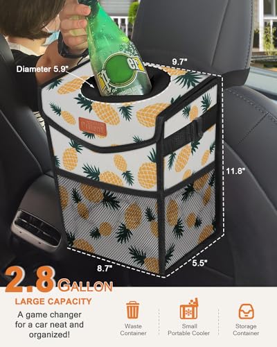 Image of Pritent Car Trash Can with Lid, Cute Leakproof Car Trash Garbage Bag Hanging Vehicle Trash Bin Small Portable Automotive Garbage Cans Organizer for Back /Front Seat /Console(2.8 gal,Pineapple Print