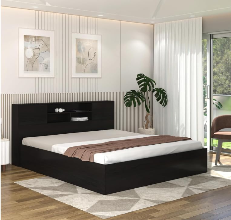 Modern Queen Platform Bed Frame with Storage Headboard and Shelves, Black. (King) Modern Queen Platform Bed Frame with Storage Headboard and Shelves, Black. (King)