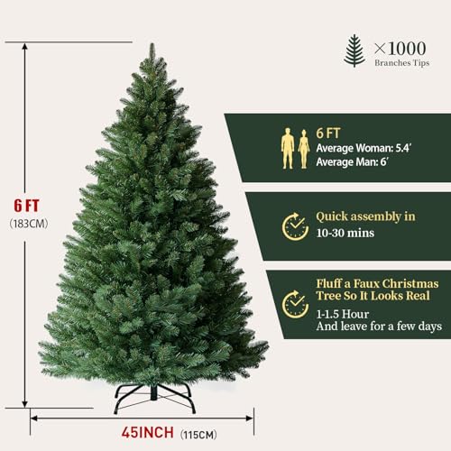 6フィートの人工クリスマスツリー、密集した枝のリアルなクリスマスツリーホリデーデコレーションに。折りたたみ式クリスマスツリー。再利用可能で組み立てが簡単。自宅/オフィス/ショップの装飾に1000本の枝で簡単に組み立てられます。