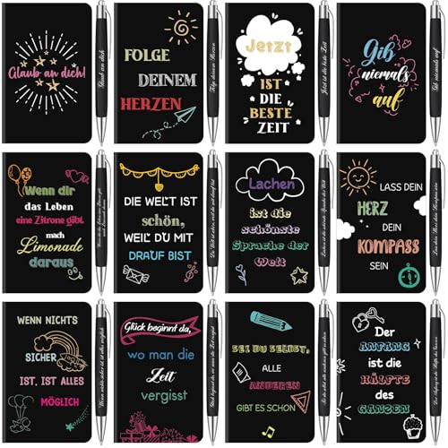 Tenare 12 Set Dankeschön Geschenk für Kollegen Lehrer 12 Inspirierende Notizbücher 12 Motivierender Kugelschreiber Geschenk für Abschluss Büro(Schwarz,Schwarz)