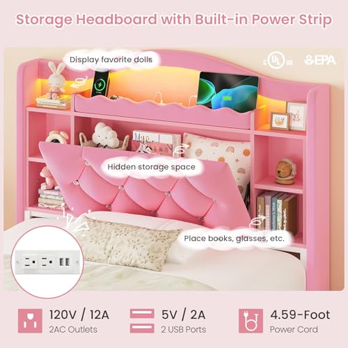 Image of DICTAC Twin Size Bed Frame for Girls with Storage Drawers, Bookcase Headboard, LED Lights and Power Outlets, Diamond Tufted Velvet Upholstered Princess Platform Bed, Heavy-Duty Metal Support, Pink