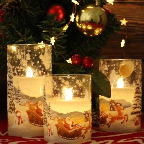 Image of Wondise Santa Claus Glass Flameless Candles Remote and Timer, Battery Operated Real Wax LED Flickering Pillar Candles White Cold Light Window Christmas Holiday Decor D3 x H4, 5 inch, 6 inch