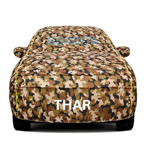 Image of Waterproof Car Body Cover for Thar All Weather Protection Comes with Inner Cotton Lining & Triple Stitched with Mirror & Antenna Pocket Belt & Elastic Fit Army with Yellow Piping2