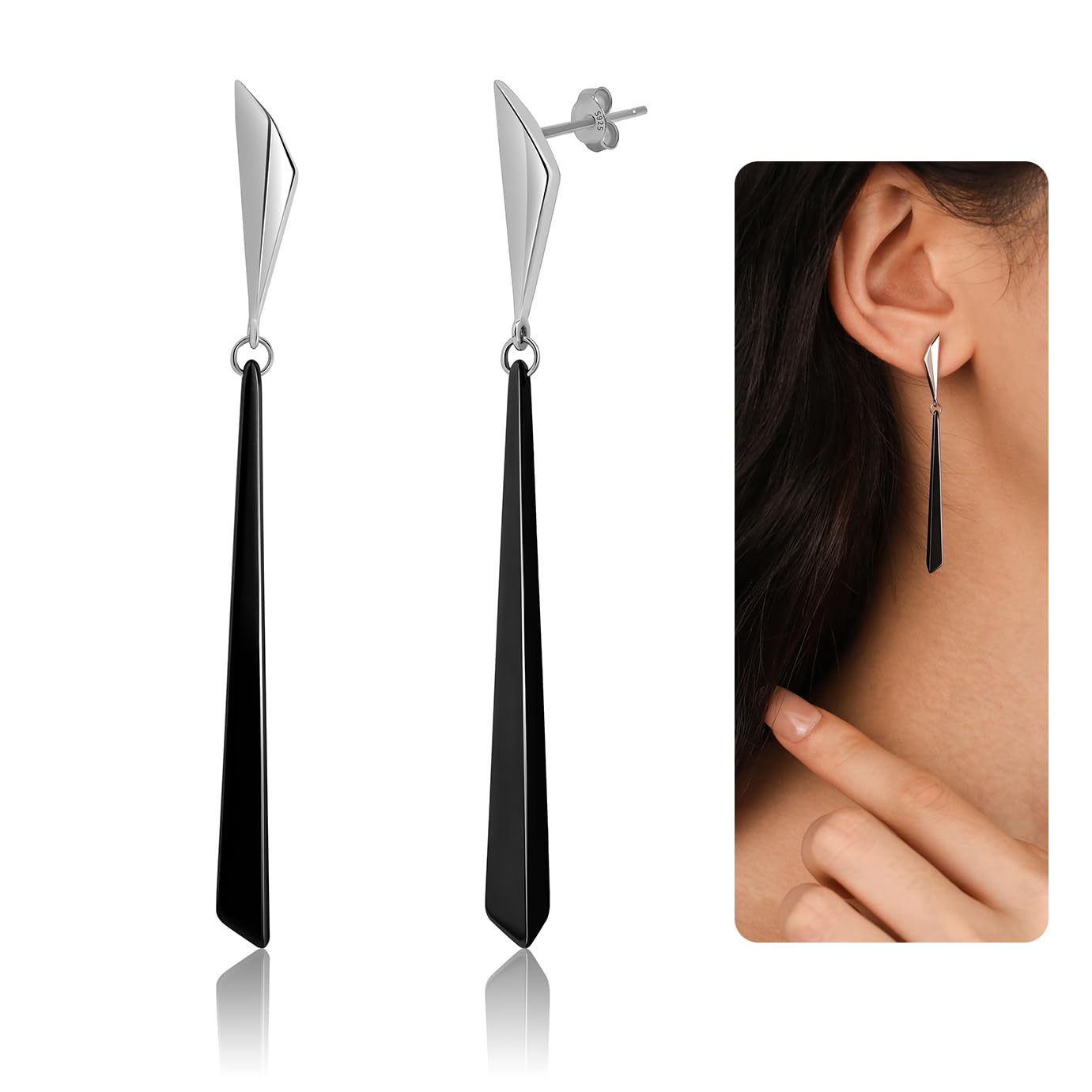 Meissa Pendientes Largos Negros para Mujer en Plata de Ley 925 y Cerámica con Circonitas Pendientes Colgantes Elegantes Hipoalergénicos Regalo de Moda para Cumpleaños Boda Fiesta